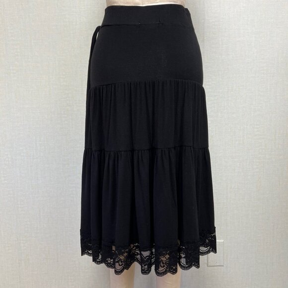 EUC Boho Tiered Black Boho Lace Trim Faux Waist Tie Small Petite Skirt - Picture 5 of 5